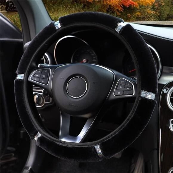 Velvet Fluffy Steering Wheel Cover, Diamond Bling Bling Crystal Rhinestones - Picture 4 of 7